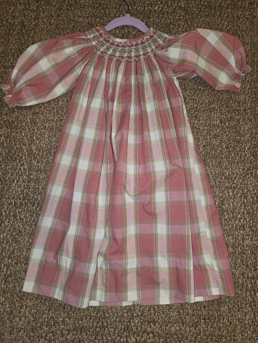 Girls Pink Plaid Smocked Bishop Dress